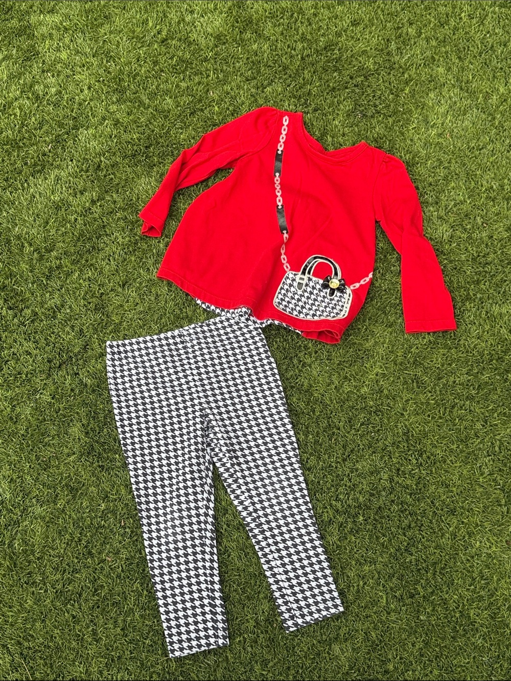 Kids Headquarters Red Top with Black & White Houndstooth Leggings